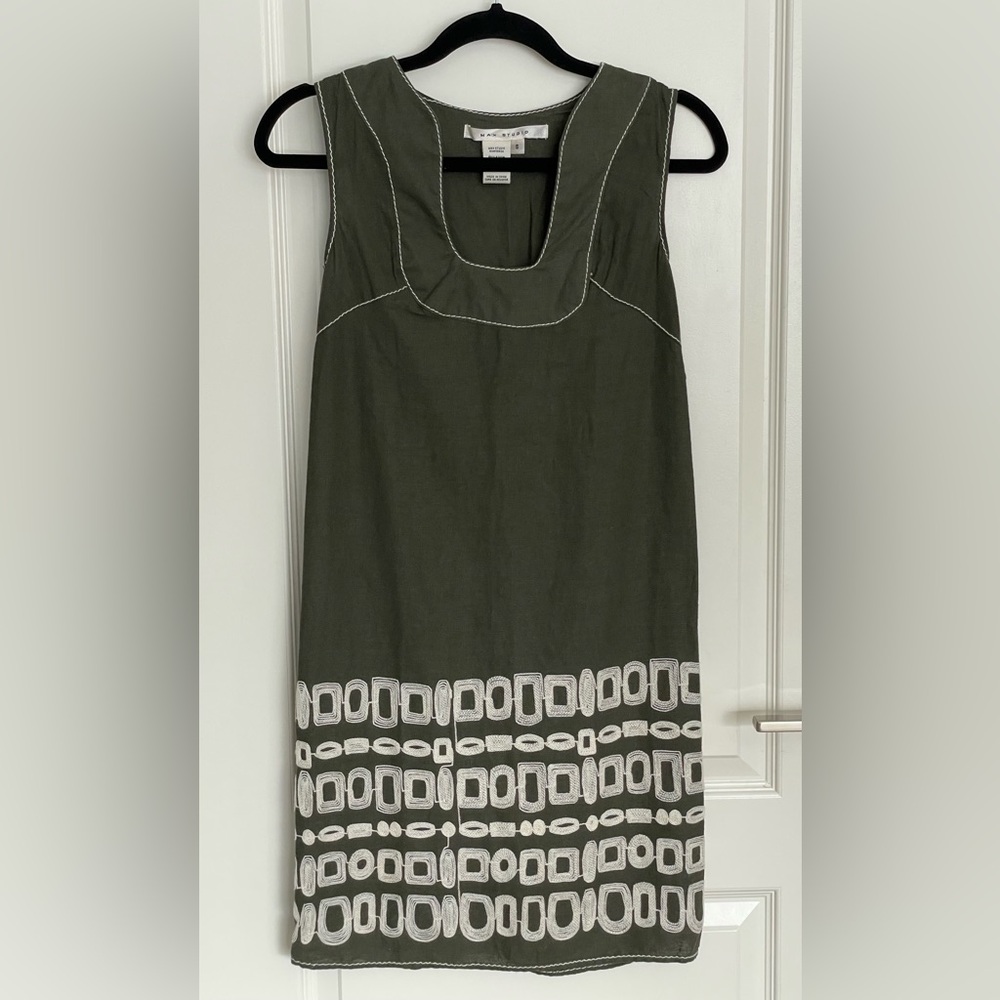 MAX STUDIO Olive Linen Blend Shift Dress Contrast Stitching Size S